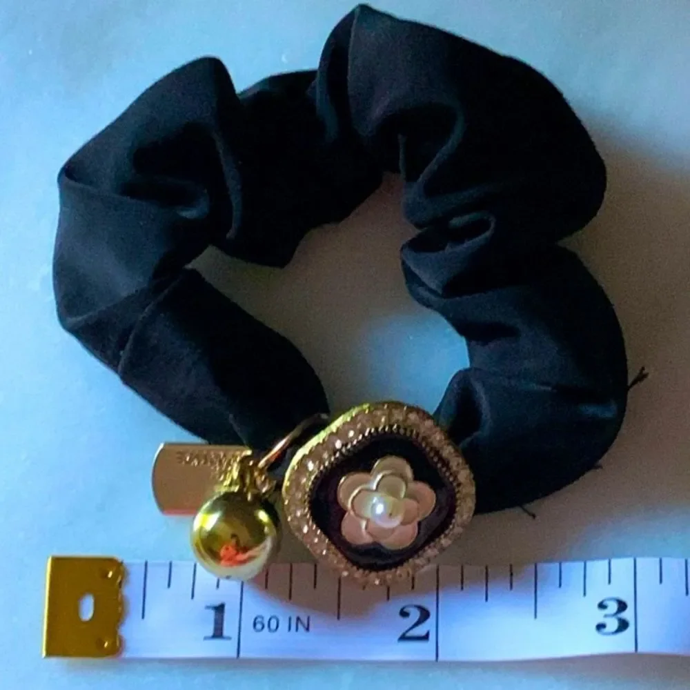 Camellia Flower Charm Black Scrunchie - Hair Tie Hair Band